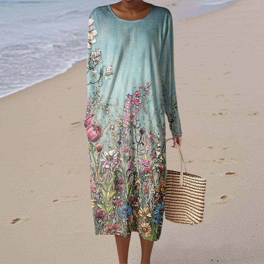 Women's Fashion Casual Long Sleeve Floral Print Round Neck Pocket Elegant Temperament Dress