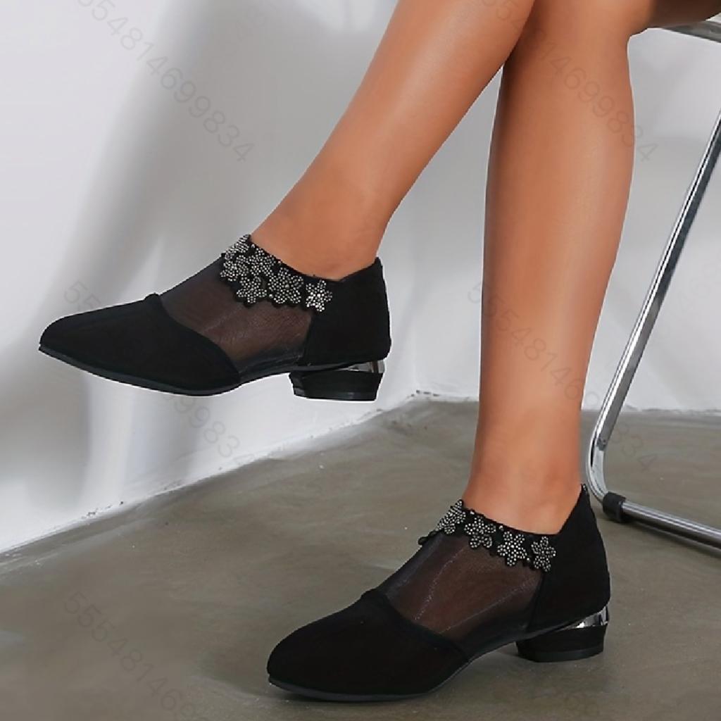 Stylish Rhinestone Mesh Low Heel Sandals with Back Zipper - Versatile and Comfortable Chunky Heels for Women