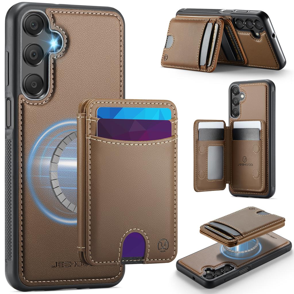 For Samsung Galaxy A15 5G/Galaxy A15 4G Magnetic Case JEEHOOD J10 Leather Back Phone Cover with Detachable Card Holder Kickstand