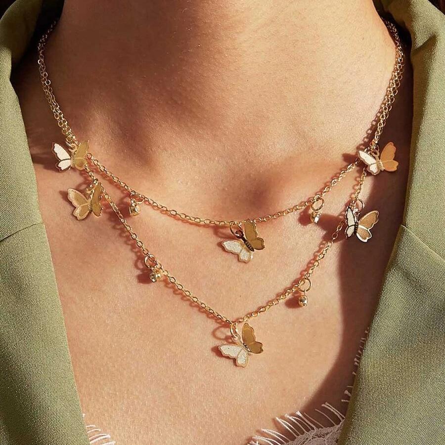 C102 Ins Minimalist Style Personality Double Layer Butterfly Necklace Butterfly Pendant Multi-layer Necklace