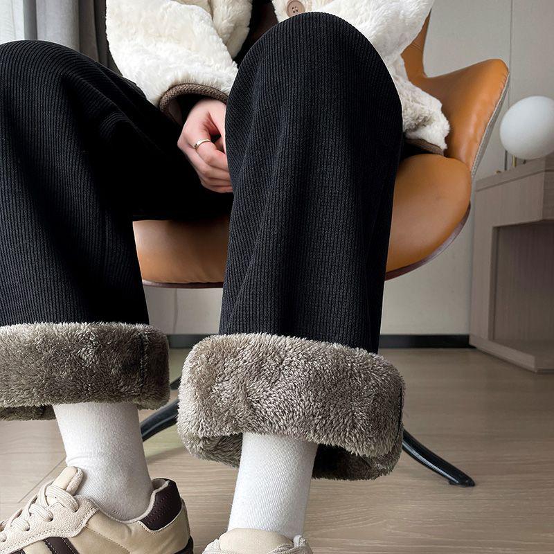 Женские вельветовые брюки с широкими штанинами на флисовой подкладке, Осень/Зима 2025 - Повседневные, Свободные, Теплые, Прямого кроя