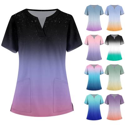 Женская мода, рабочая одежда с v-образным вырезом, короткими рукавами и карманами, топы с принтом, летние топы для женщин