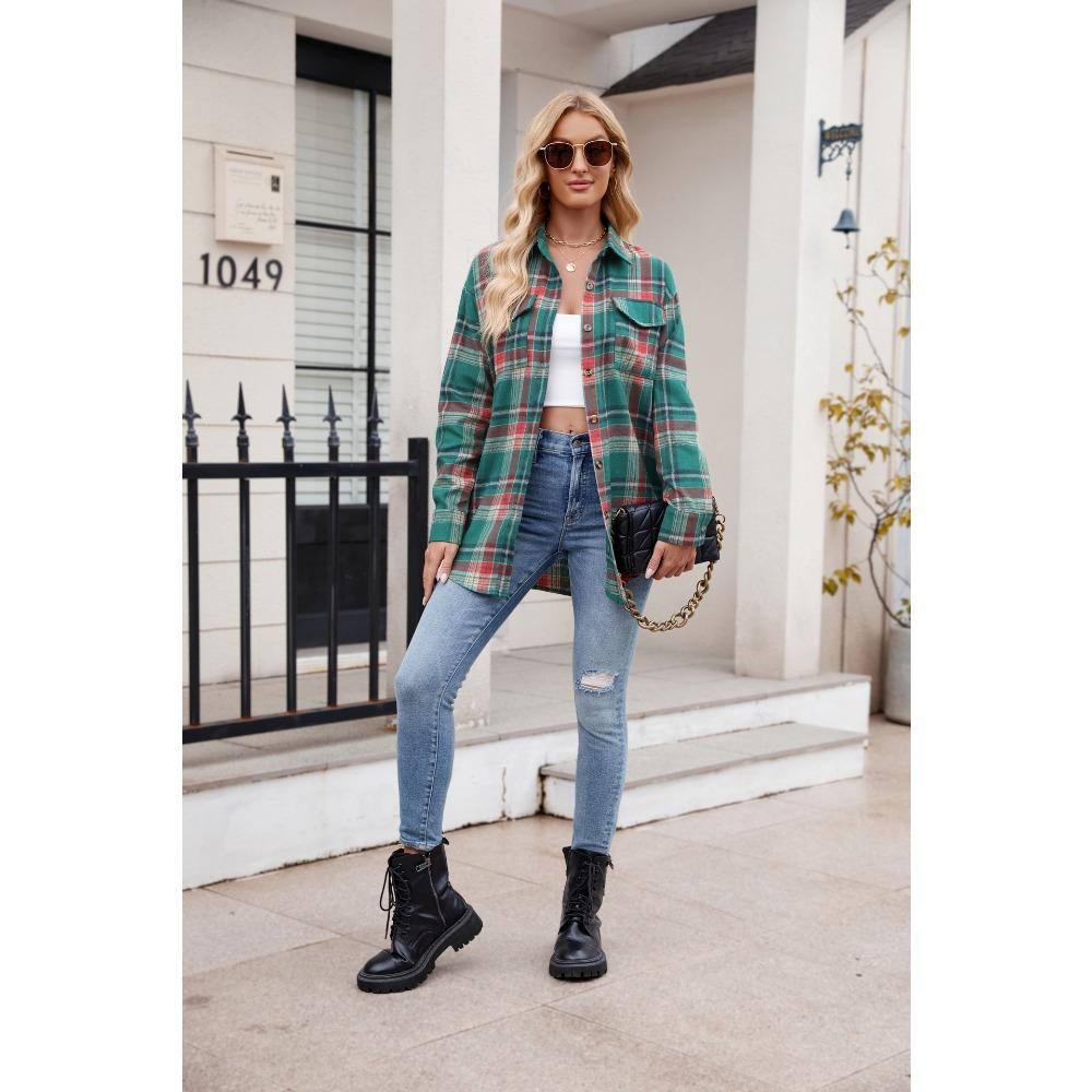 Autumn and Winter Casual Fashion Loose Plaid Pocket Women's Blouses & Shirts