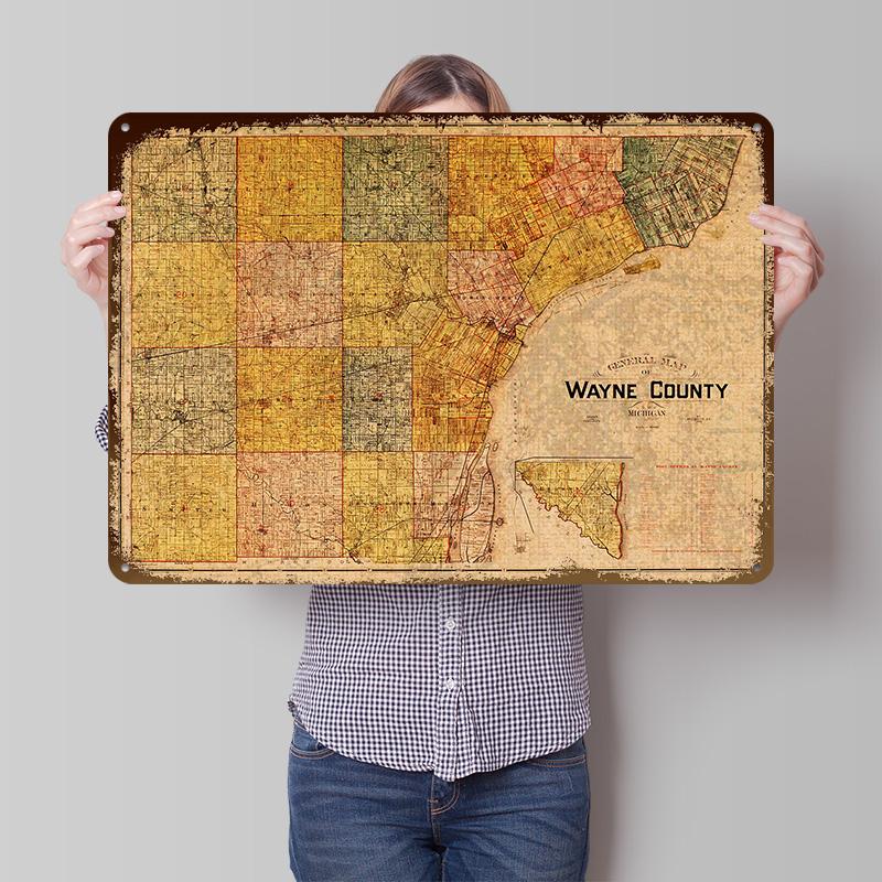 Map of Wayne County Detroit Michigan Poster Customized Vintage Metal Signs Wall Art Retro Tin Plaque for Room Decoration