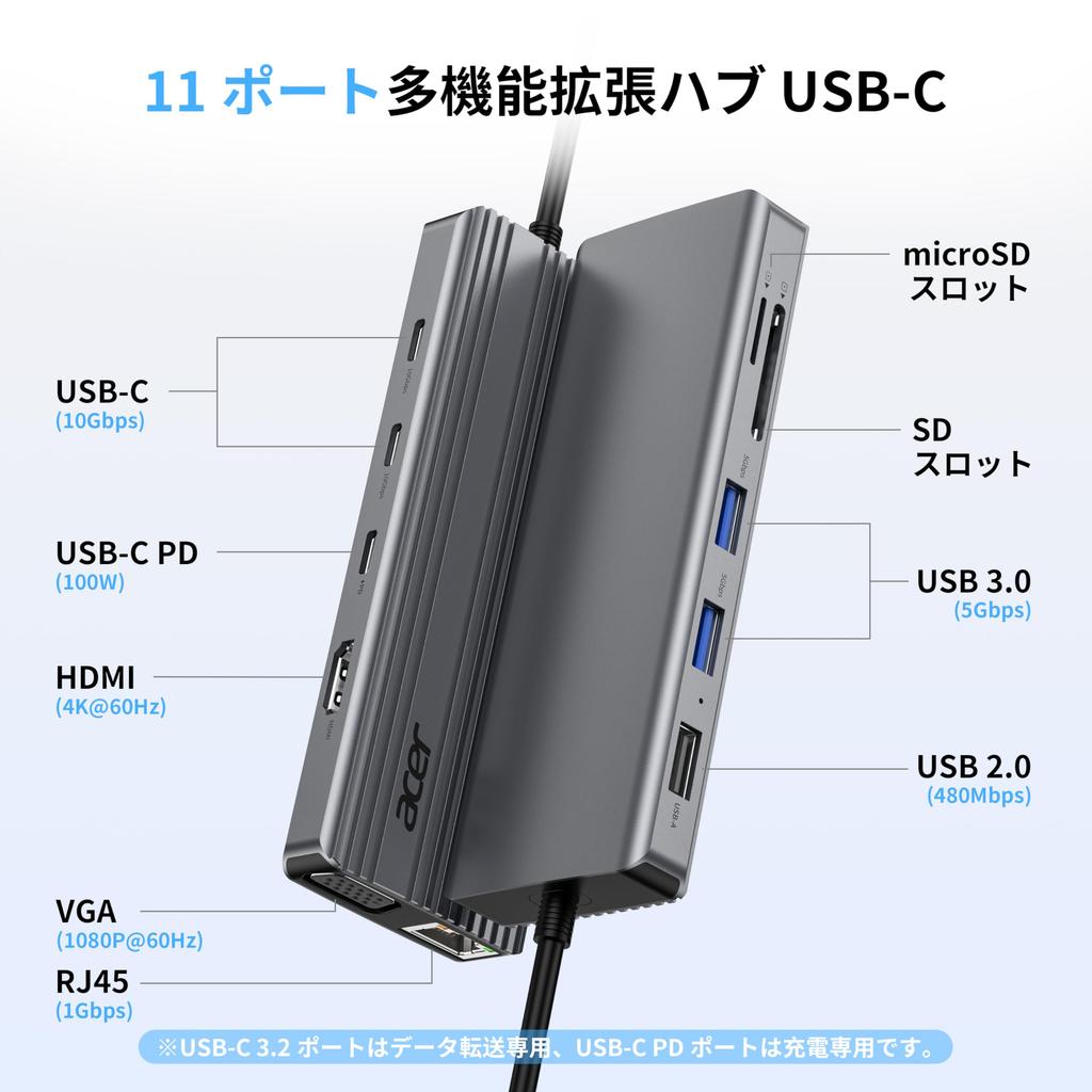 Док-станция Acer USB-C [11-в-1] Хаб Type-C HDMI Адаптер Поддержка двух мониторов HDMI 4K@60Hz / VGA 1080P / 2 x USB-C 10 Гбит/с / 3 x USB-A / Micro SD /