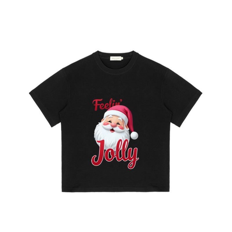 Рождественская футболка Черное лицо Санта-Клауса и текст Feelin Jolly Праздничная одежда для вечеринки