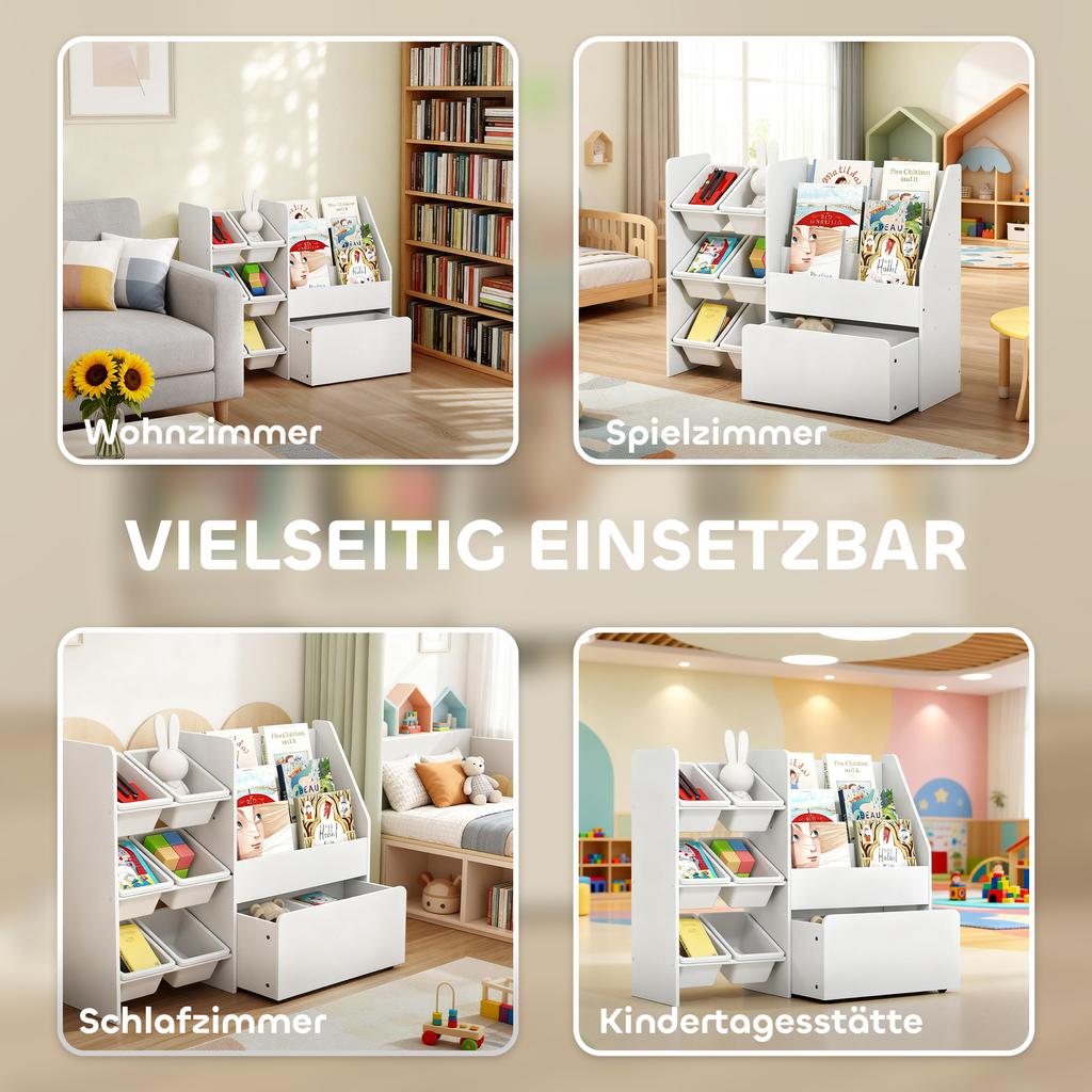 Toy Shelf, Children's Room Shelf with 6 Bins, Book Storage, Rolling Box, 100 x 30 x 80 cm, MDF, Steel, White