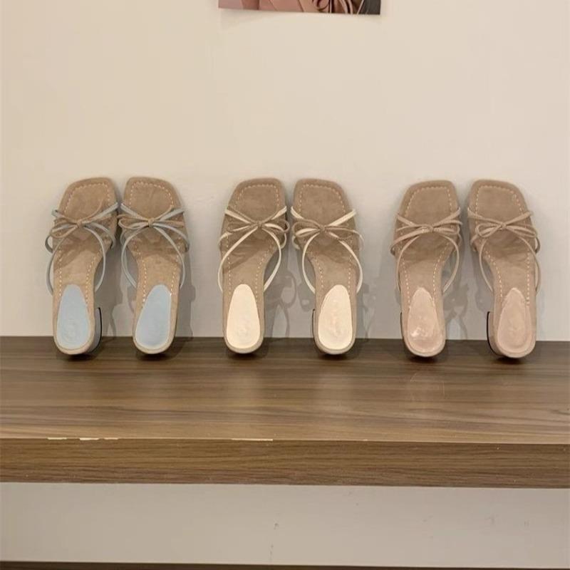 Women's Slippers New French Square Toe Bow Open Toe Cross Slim Strap Temperament Flip-Flop Sandals