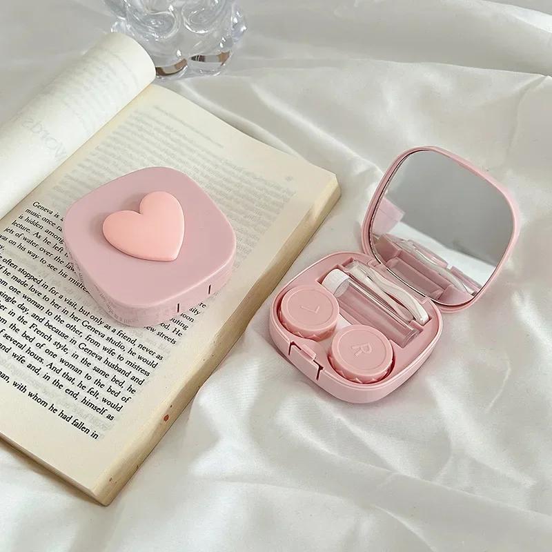 Women Colored Heart Contact Lens Case with Mirror Pink Eyes Care Contact Lens Container Travel Eyewear Accessories Organizer