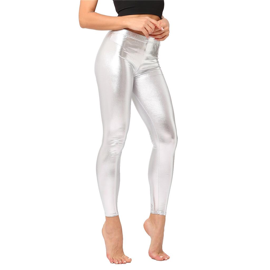 Women Sexy Satin Glossy High Waist Yoga Leggings Nine-point Shiny Oily Gloss Pants