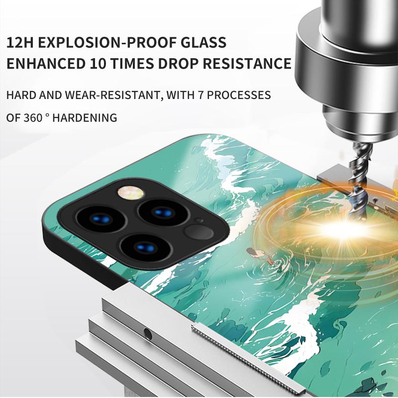 Закаленный стеклянный корпус Walking in the Ocean Printed Защитный чехол TPU Мягкий чехол Shell для iPhone Samsung