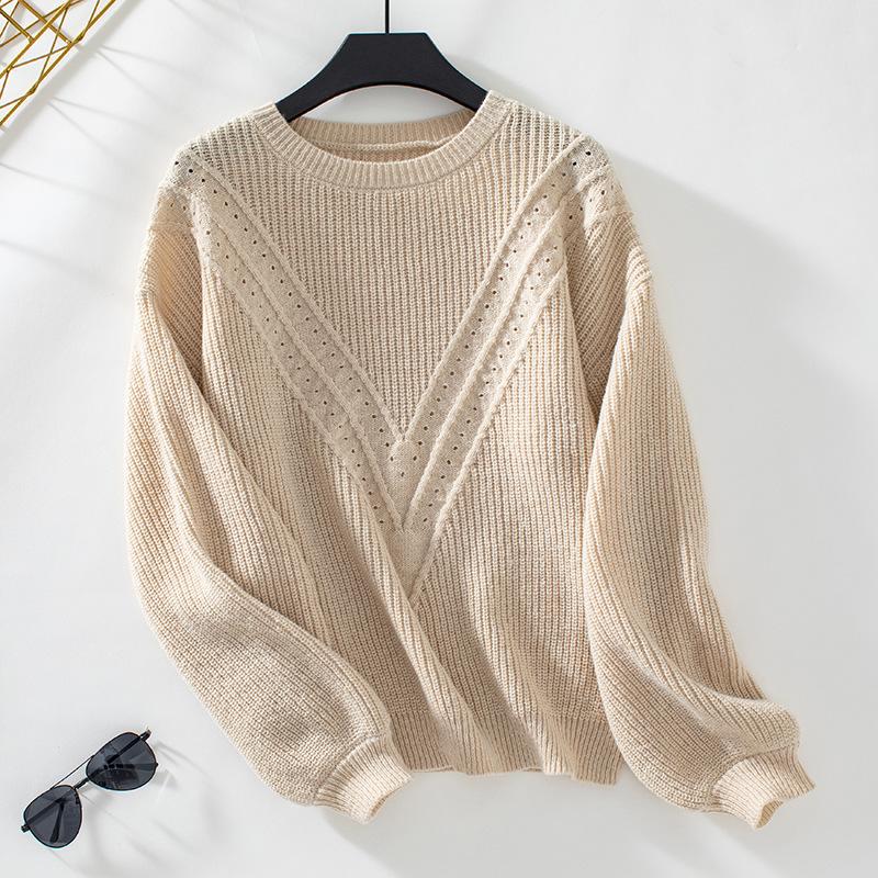 Женский осенне-зимний свитер с круглым вырезом, свободный однотонный полый свитер
