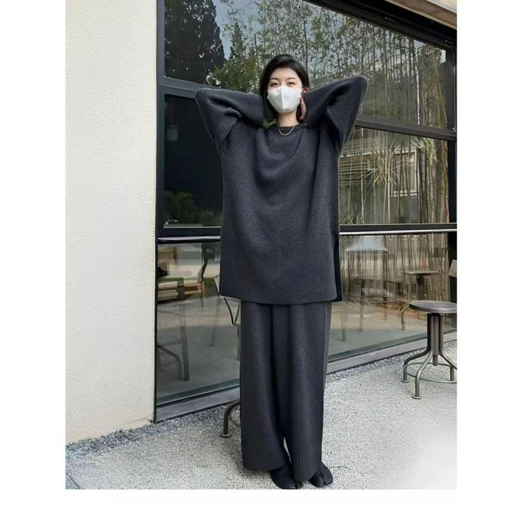 Женский комплект свитер с разрезом и брюки палаццо - Повседневный комплект-двойка в корейском стиле для осени/зимы