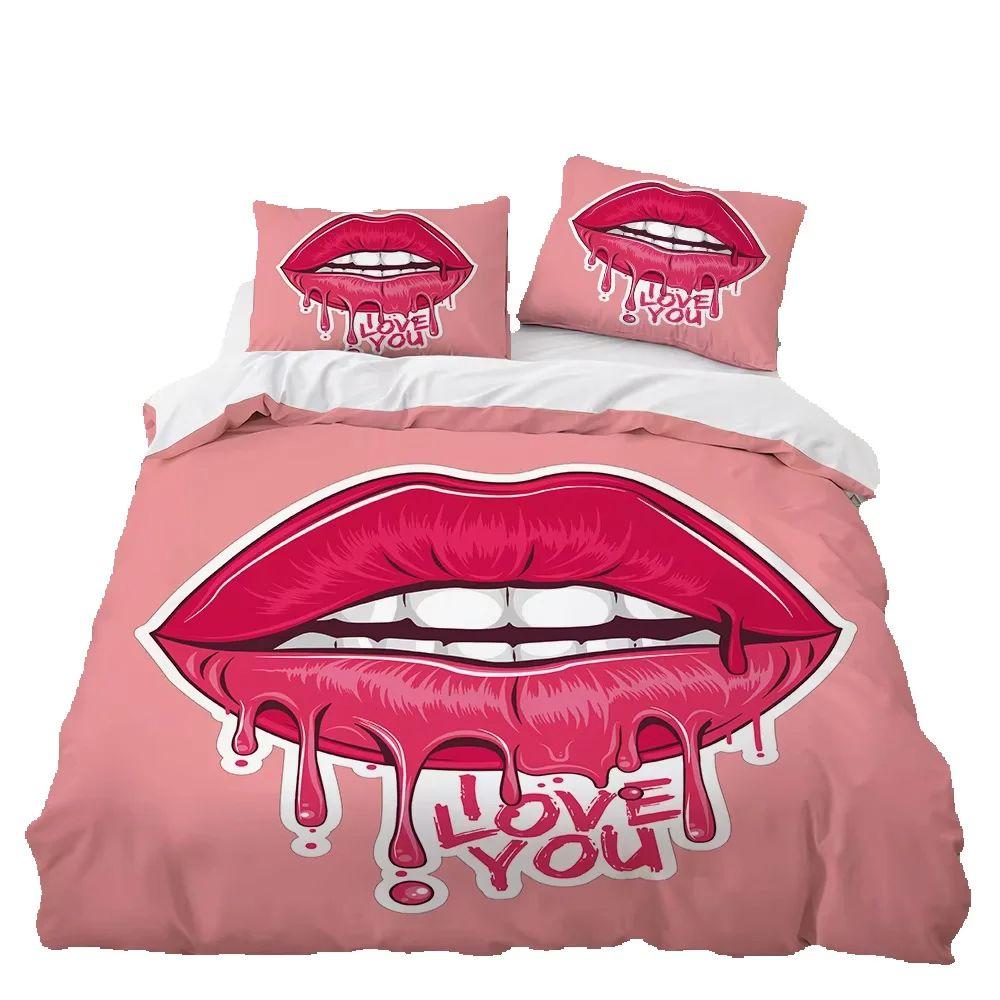 2026 NEW Couple Bedding Kiss Sketch Crimson Lips Kissing Guest Room Duvet Cover Set (1pc* Duvet Cover + 2pcs Pillowcase)
