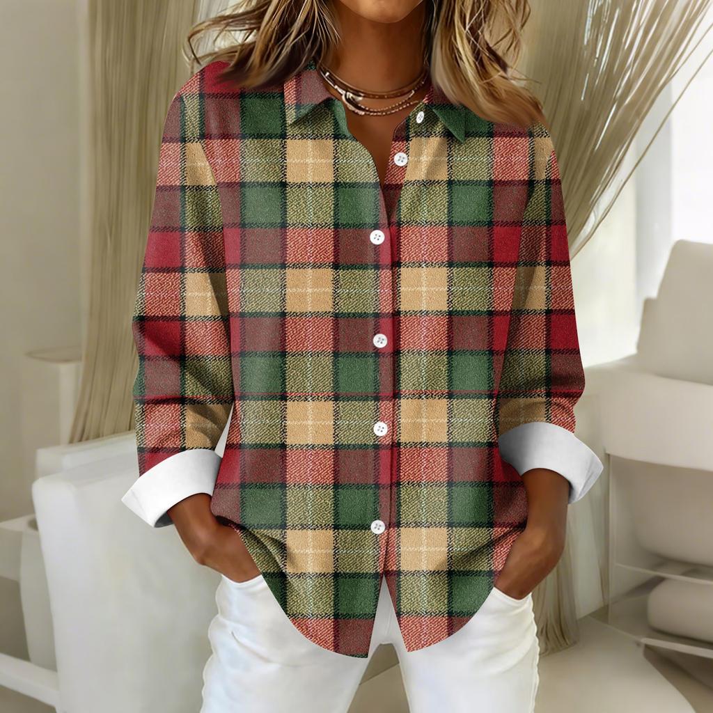 Женская рубашка-блузка с рождественским принтом и пуговицами, длинный рукав, повседневный базовый рубашечный воротник, обычный топ