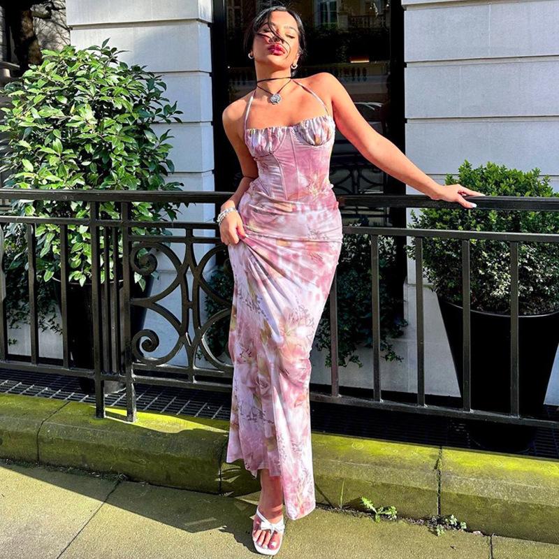 Stylish Print Sexy Breast Wrap Halter Slim Lift Dress