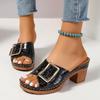 Fashion Women's Slippers Casual Pu Leather Middle Thick Heel Shoes Elegant Metal Buckle Peep Toe Slides Black Brown Platform Slipper