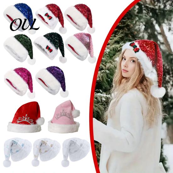 Double Layer Thickened Velvet Hat Christmas Sparkly Sequins Santa for Adults, Plush Glitter Bling Warm Ear Protection Holiday Cap with Fluffy