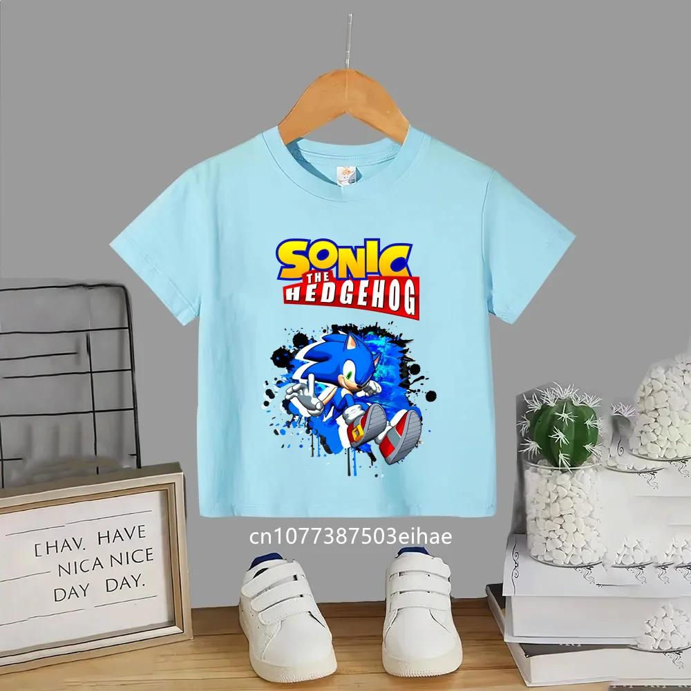 Summer Short Sleeve Kids TShirt Anime Sonic Cartoon Pattern Round Neck Casual Fashion Comfortable Breathable Daily Play Clothes