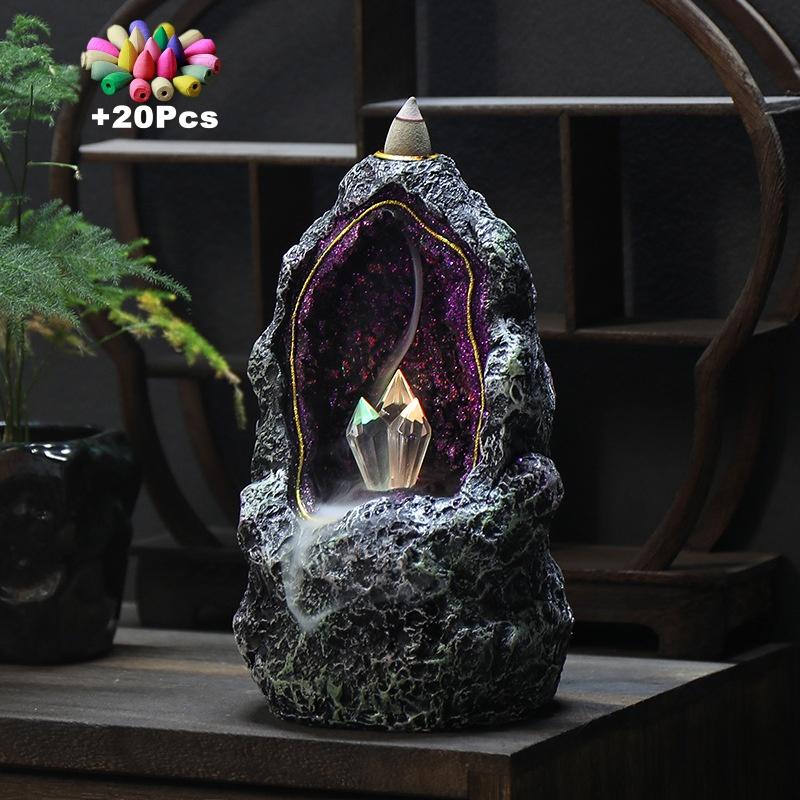 Creative Fantasy Crystal Cave LED Ornaments Backflow Incense Burner Waterfall Incense Cones Censer Decoration
