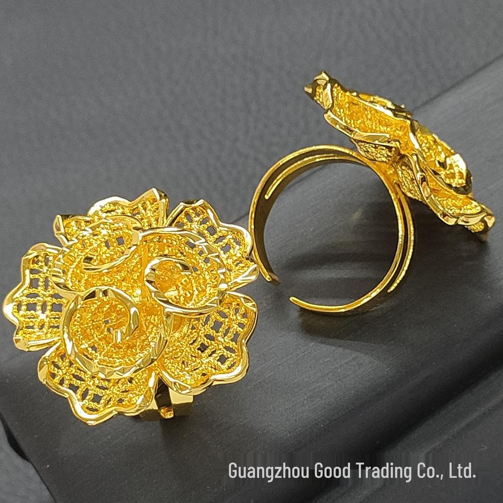 Вьетнамское кольцо из меди с 24-каратным золотым покрытием в виде цветка - Не тускнеющее, Регулируемый размер для невест