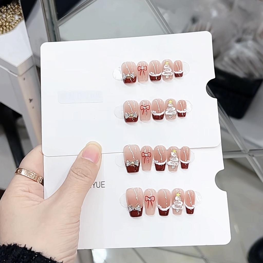 Чистая ручная работа Фототерапия Носимая броня Рождественский бант Готовый продукт Многоразовые накладные ногти