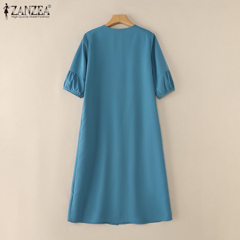 ZANZEA Women Casual Round Neck Solid Color 3/4 Sleeve Loose Dress