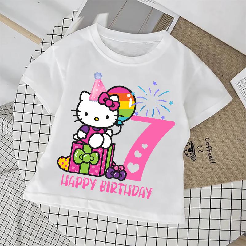 Hello Kitty Birthday Number Tshirt Short Sleeve Tee Summer Kids White Top Clothes Girls TShirts Children Cotton Cute T Shirt