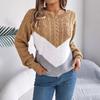 Women's Autumn/Winter Sweatshirt-Style Casual Colour-Block Cable-Knit Bell-Sleeve Pullover Loose-Fit Knitted Top for Ladies