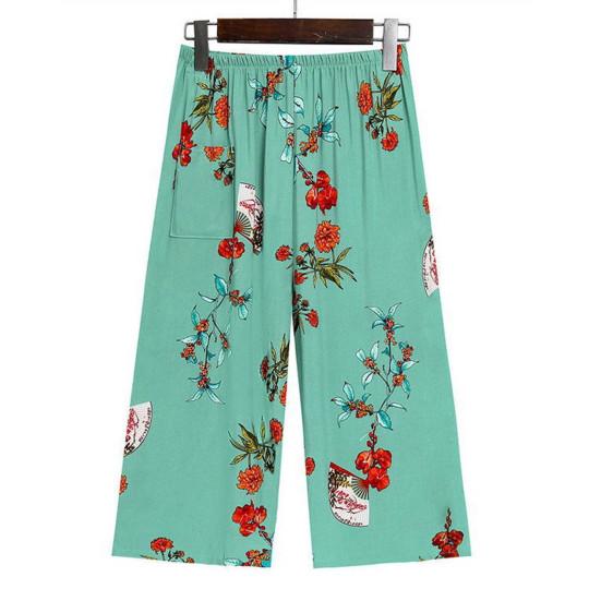 2 Pcs/Set Women Vest Pants Set Flower Print Round Neck Sleeveless Loose Pleated Elastic Waist Wide Leg Casual Homewear Mid-aged Mother Pajamas Set