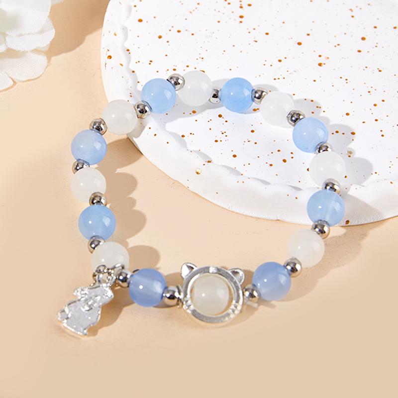 Rabbit Pendant Opal Beaded Bracelet Ins Aqua Blue Moonstone Hand String Chain For Girlfriend Couple'S Gifts Jewelry
