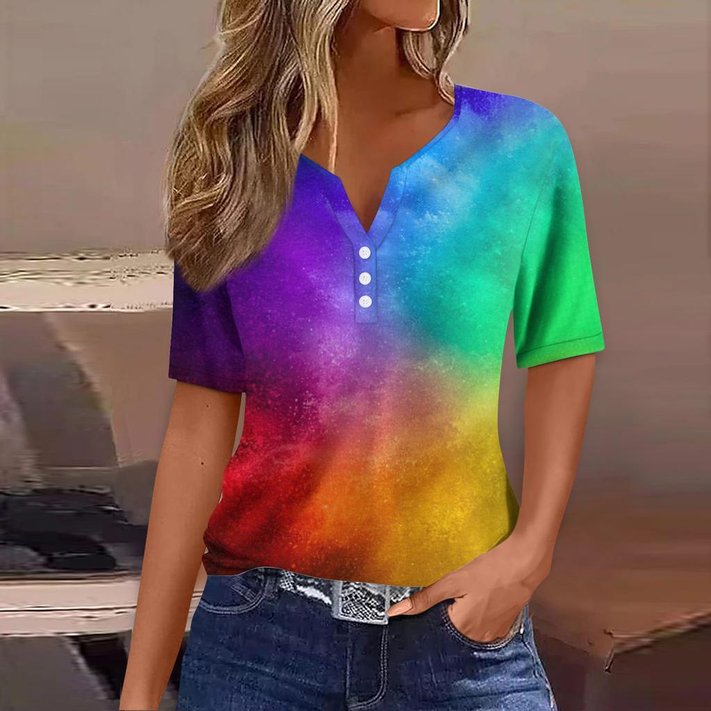 Женская футболка Футболка Принт Пуговица Короткий рукав Повседневная Мода для выходных Базовая V-образный вырез Обычный топ