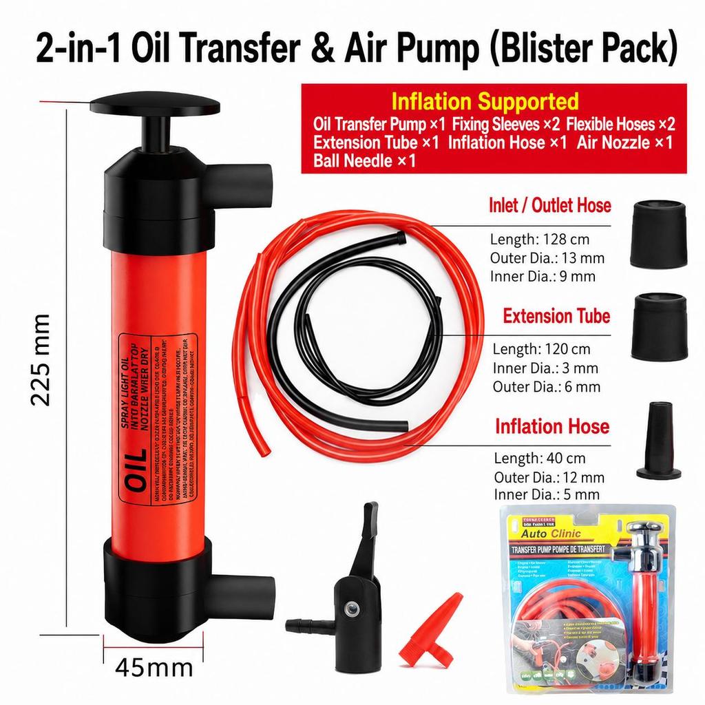 2-in-1 Oil Transfer Pump & Air Pump, Manual Siphon Extractor with PVC Hose Kit for Diesel Fuel Oil Water Transfer Car Motorcycle Use