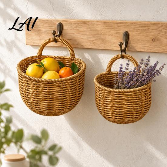 Versatile Hanging Storage Containers Woven Wicker Basket Wall Mounted Imitation Rattan Organizer Kitchen Spice And Egg Organizer Rustic Style