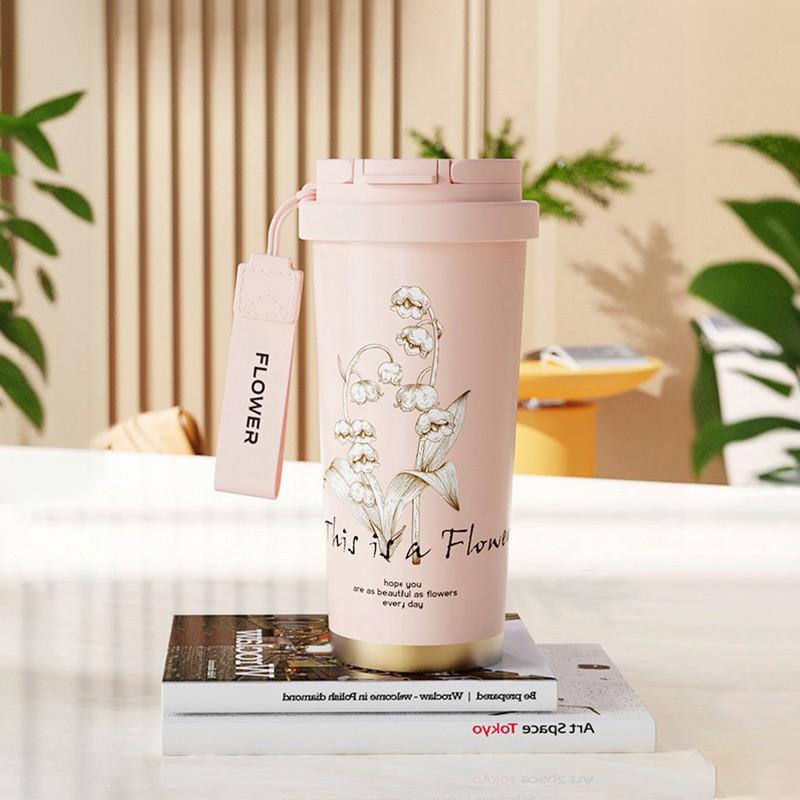Van Gogh Inspired Insulated Stainless Steel Travel Mug Women Double Drink Cup With Tea Strainer Floral Design Gift