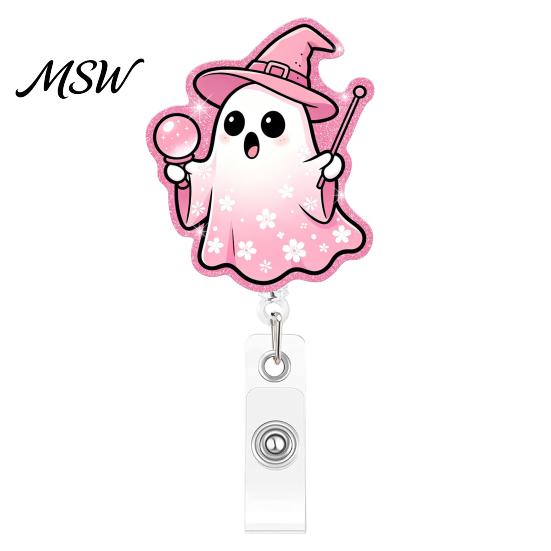 Decorative Badge Holder for Nurses Halloween Ghost Reel, Glitter Acrylic Retractable Clip, Cute Pink Transparent Clip ID Name Women Nurse Teacher