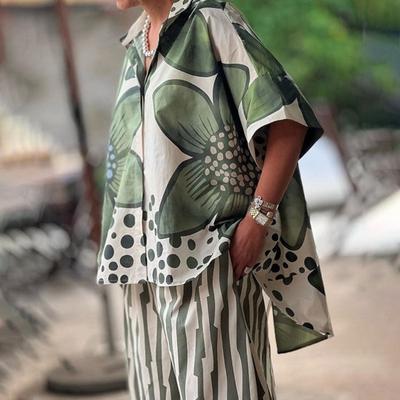 Женский комплект из двух предметов с цветочным принтом, свободный топ с коротким рукавом и широкими брюками, летний повседневный уличный стиль в стиле бохо