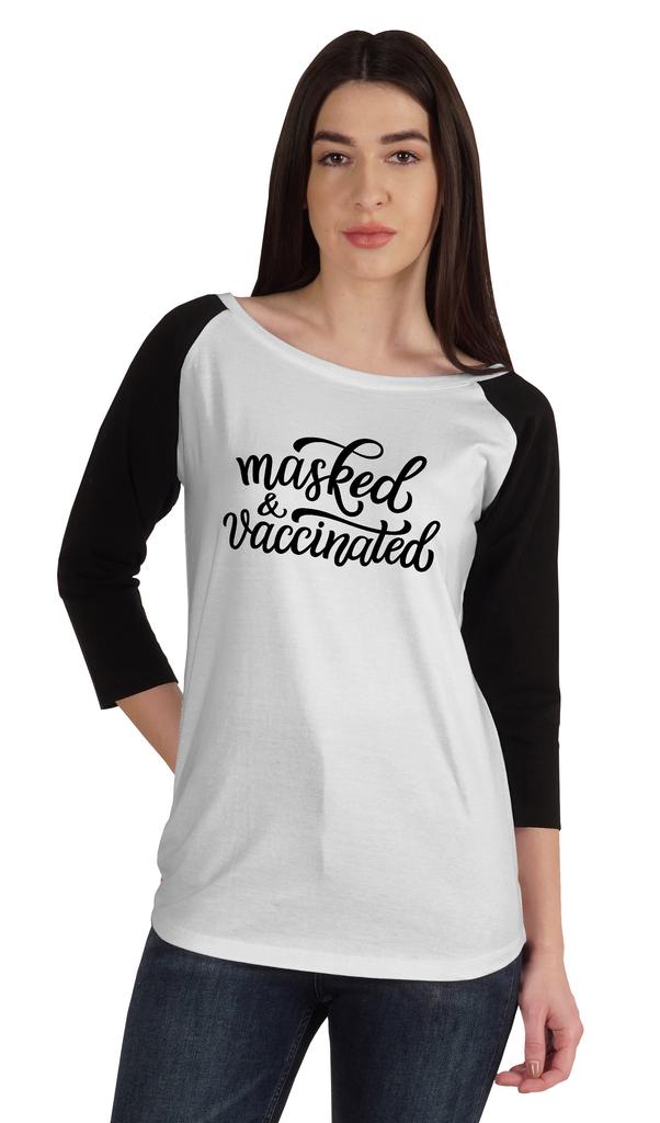Inkmeso Маскированный и вакцинированный Забавная футболка с вырезом лодочкой в поддержку вакцинации для женщин
