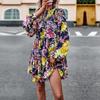 Women's O Neck Long Sleeve Loose All Match Casual Printed Floral Short Dress