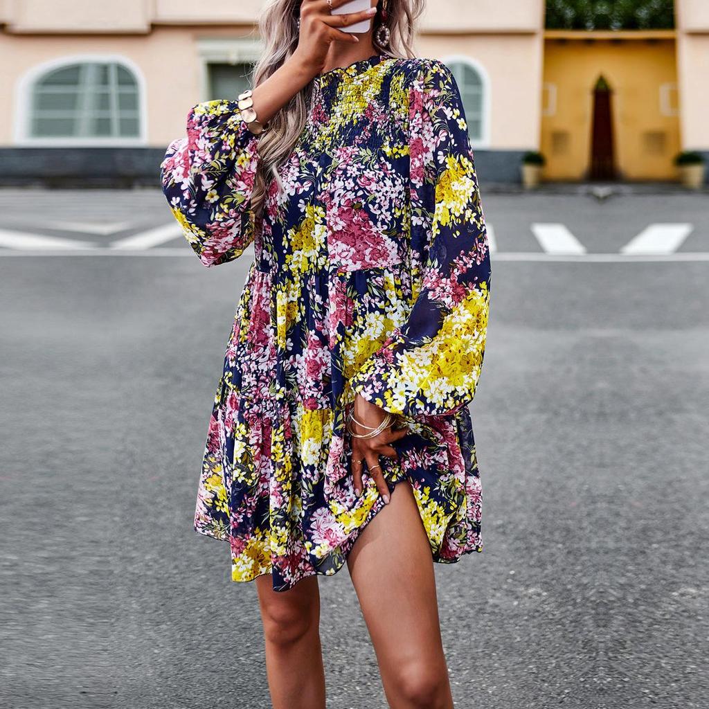Women's O Neck Long Sleeve Loose All Match Casual Printed Floral Short Dress