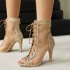 Sexy Sparkly Dance Sandals Woman Dressy Stiletto Sturdy High Heels Shoes Lace Up Zipper Summer Mesh Boots for Wedding Birthday