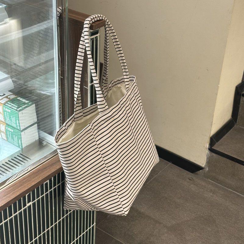 Korean-Style Striped Canvas Tote: Large-Capacity Handbag for Women, 2025 Edition