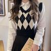 Корейский свитер, пуловер с ромбовидной сеткой, жилет с v-образным вырезом для женщин, весенне-осенний вязаный свитер, короткий жилет, женский пуловер