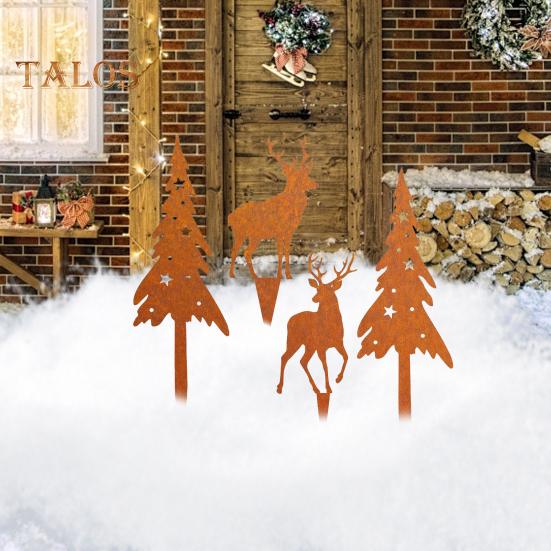4Pcs/Set Christmas Tree Garden Stake Weather-proof Heavy Duty Outdoor Patio Yard Lawn Metal Elk Silhouette Sign Spike Stick Decoration Ornament