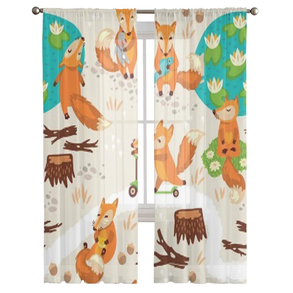 Забавные милые тюлевые шторы с лисой для гостиной, прозрачные занавески для спальни, вуаль из органзы, декоративные украшения для окон