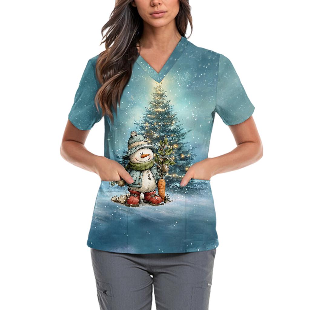 Женская милая блузка с принтом бантиков, рабочая одежда, V-образный вырез, двойной слой, карманы, базовая, с коротким рукавом, пуловер