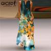 Summer Women's Sleeveless Long V-Neck Printed Jade Flower Dresses