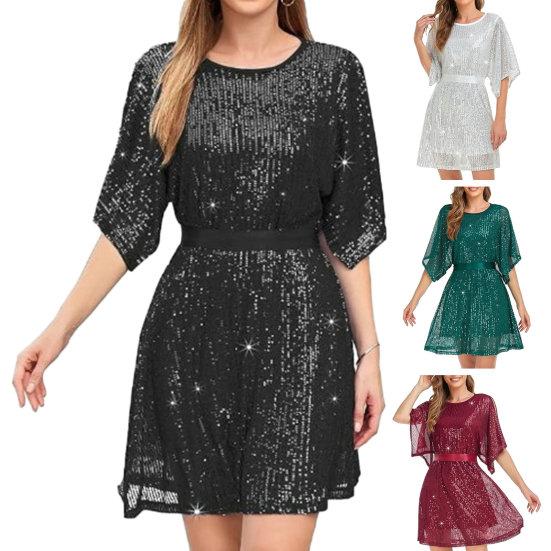 Women Prom Dress Half Split Bat Sleeve Round Neck Loose Shiny Sequin Double-layered Belted Tight High Waist Soft Club Party Lady Mini Dress