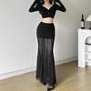 Women Maxi Skirt Elastic High Waist Mesh Long Skirt Hip Wrapped See-through Gauze Cover Slim Skirt Daily Wear