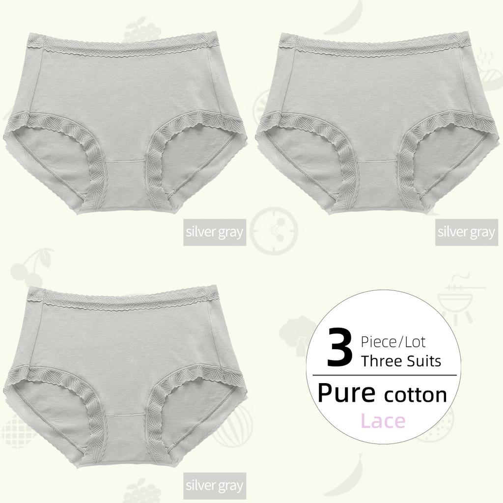 3Pieces/Lot Plus Size Comfortable Pure Cotton Women's Panties Lace Edge Cotton Crotch Panties Underwear Briefs